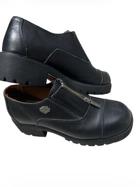Vintage Y2K 90's Harley-Davidson shoes Black Leather Zip-Front Chunky Heel Shoes